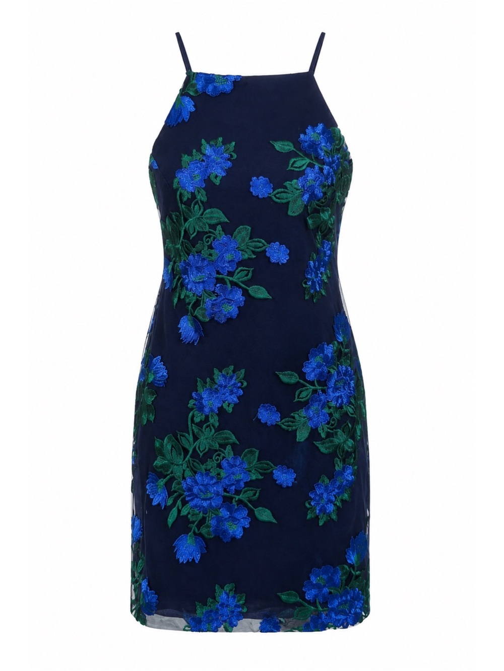 Teeze Me Navy Blue & Green/Blue Floral High Neck Mini Dress Womens 7/8